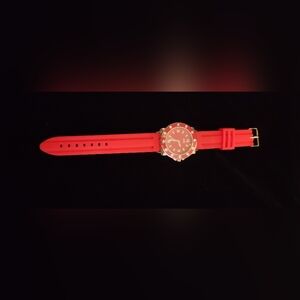 Red Silicone Strap Watch with Crystal Accents
